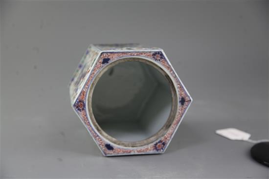 A Chinese wucai hexagonal jar, Wanli mark but later, total height 18cm